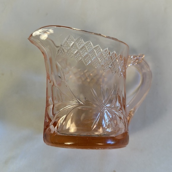 DEPRESSION GLASS PINK FLORAL AND DIAMOND BAND SMALL PITCHER - Picture 8 of 16